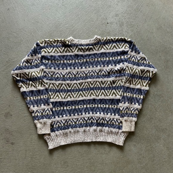 Vintage 90s Northwest Territory Sweater Size XL Tan Blue Striped Pullover Knit - Picture 4 of 5